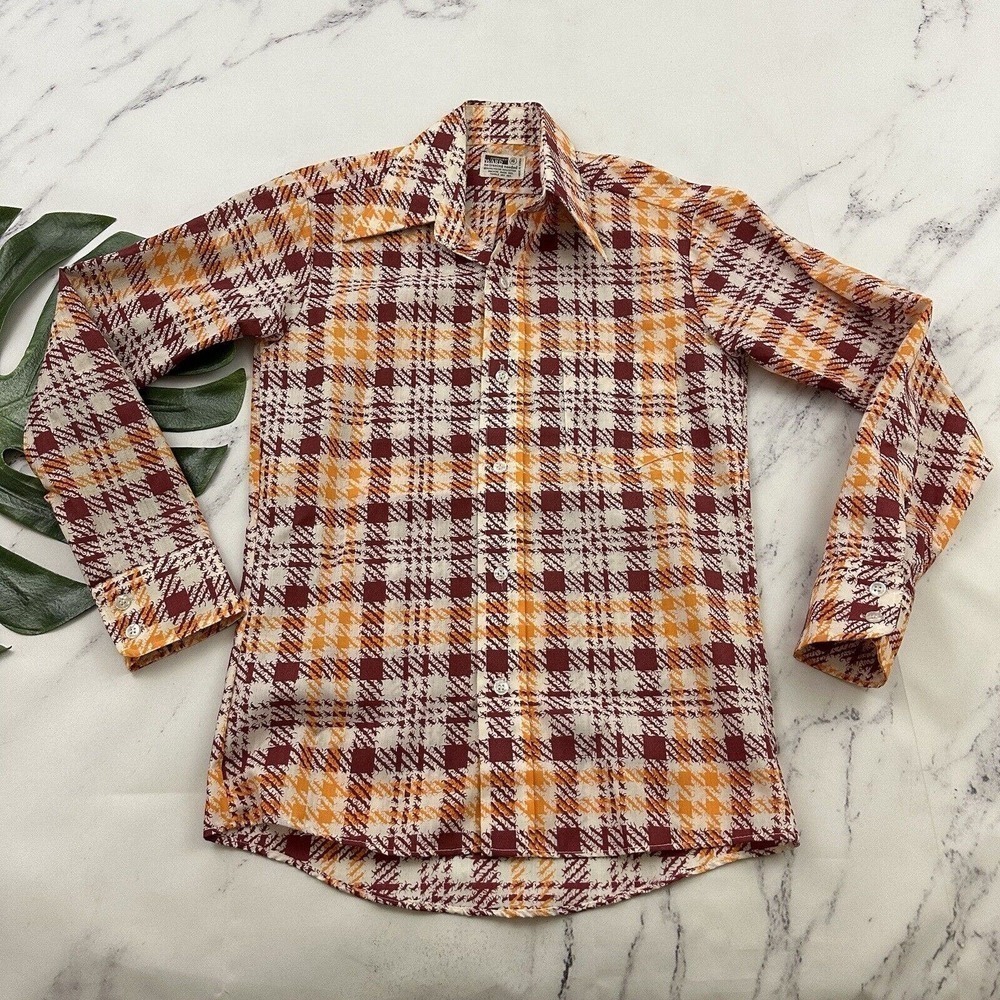 Montgomery Ward Womens Vintage 70s Button Up Shirt Size M Yellow Red Plaid Funky